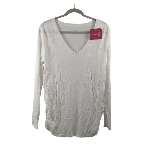Ingrid‎ & Isabel White Maternity Top Long Sleeve Shirred Solid TShirt XL V Neck - Picture 1 of 8